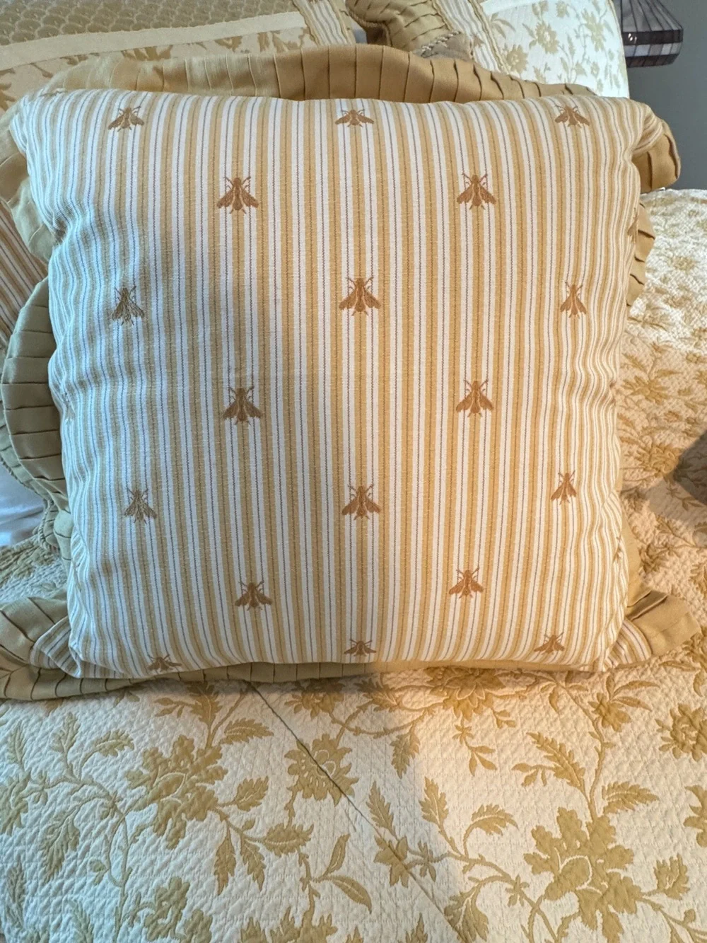 Ethan Allen Cream and Gold Floral Quilted Duvet Cover, Throw Pillows & Bedskirt